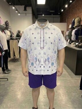 Men's White & Purple Floral Short-Sleeve Shirt & Purple Drawstring Shorts